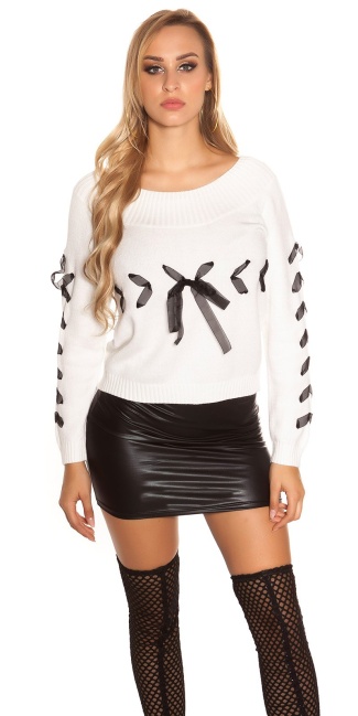 Trendy gebreide sweater-trui met veter wit